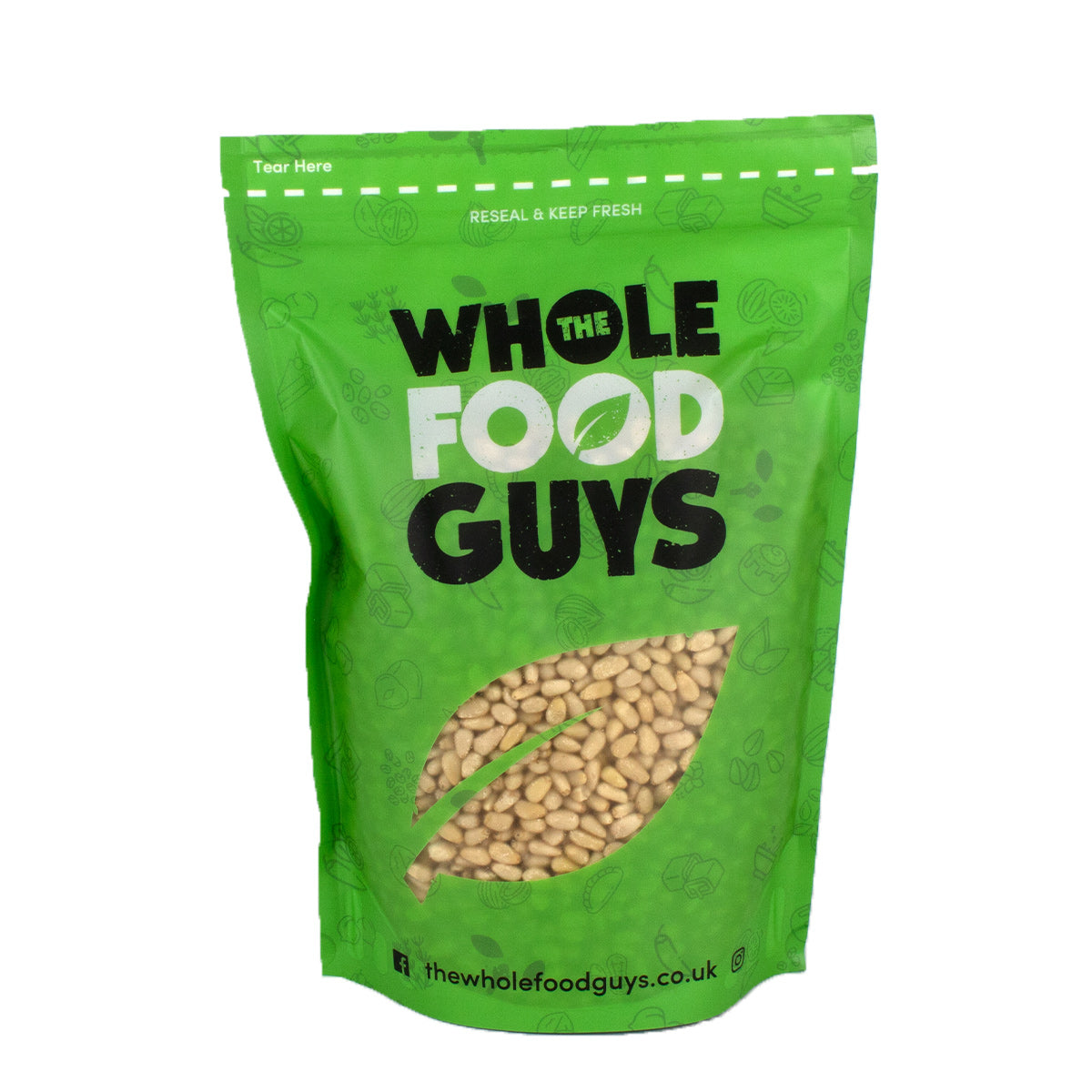 Close-up view of pine nuts in resealable green pouch – perfect for cooking, baking, or snacking