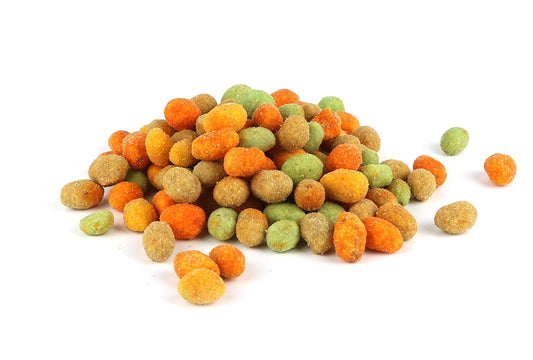 A Pile Of Coated Peanut Mix On A White Background