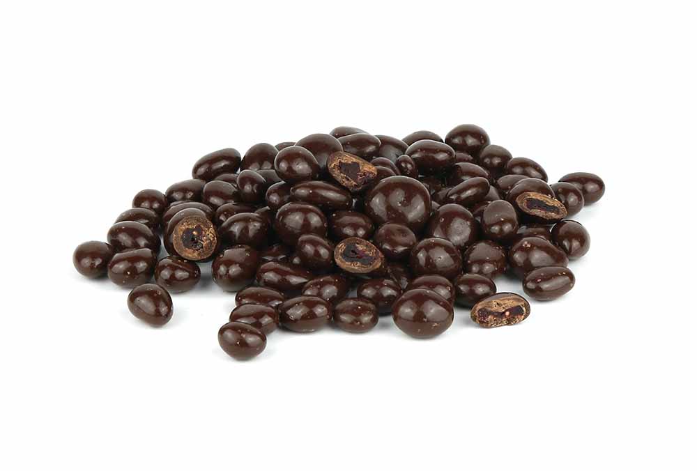 A Pile Of Dark Chocolate Cranberries On A White Background