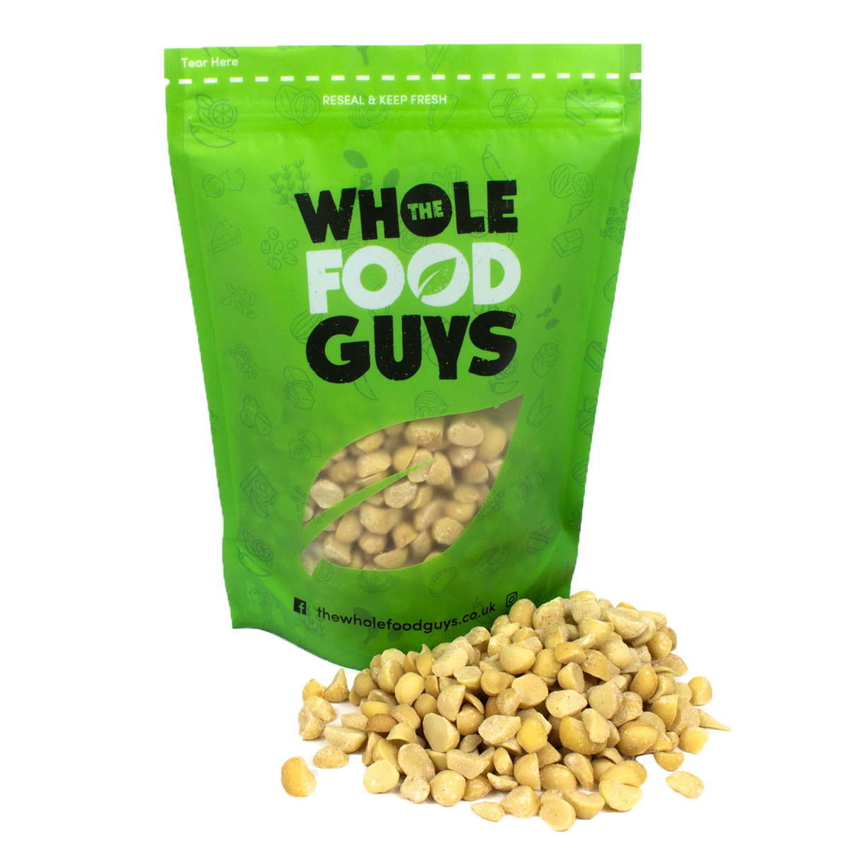 Macadamia nuts in green resealable pack by The Wholefood Guys – premium healthy snack