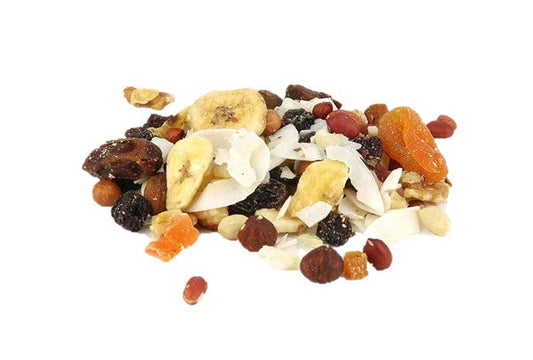 A Plie Of Tropical Nut Mix On A White Background 