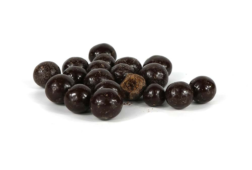 A Pile Of Dark Choclate Gooseberries On White Background