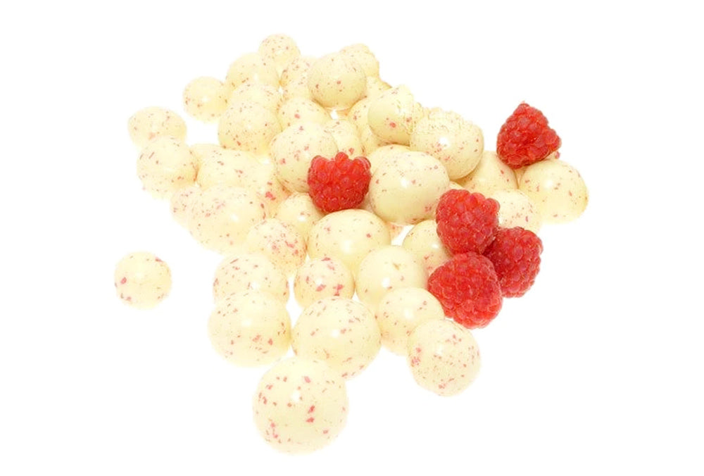 A Pile Of White Chocolate Raspberries On A White Background